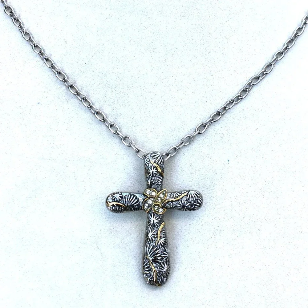 Gold Accent Organic Natural Design Clear Crystal Silver Cross Chain Necklace